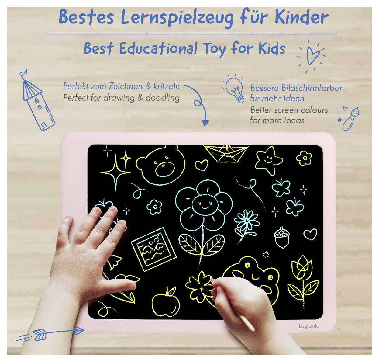 Ružový LCD kreslicí tablet pre deti s rukami kresliacimi farebné škrabálky; text ho propaguje ako najlepšiu vzdelávaciu hračku pre deti na kreslenie a na idey bez obrazovky.