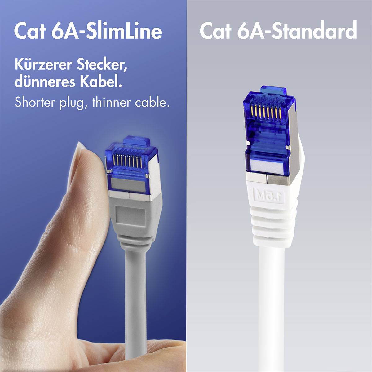Porovnanie vedľa seba medzi konektormi Cat 6A-SlimLine a Cat 6A-Standard Ethernet; SlimLine má kratší konektor a tenší kábel.