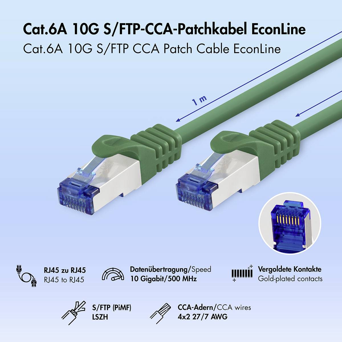 Obrázok produktu dvoch zelených sieťových káblov Cat.6A 10G S/FTP-CCA s konektormi RJ45, označených 1 m, plus špecifikácie pre 10 Gigabit/500 MHz a pozlátené kontakty.