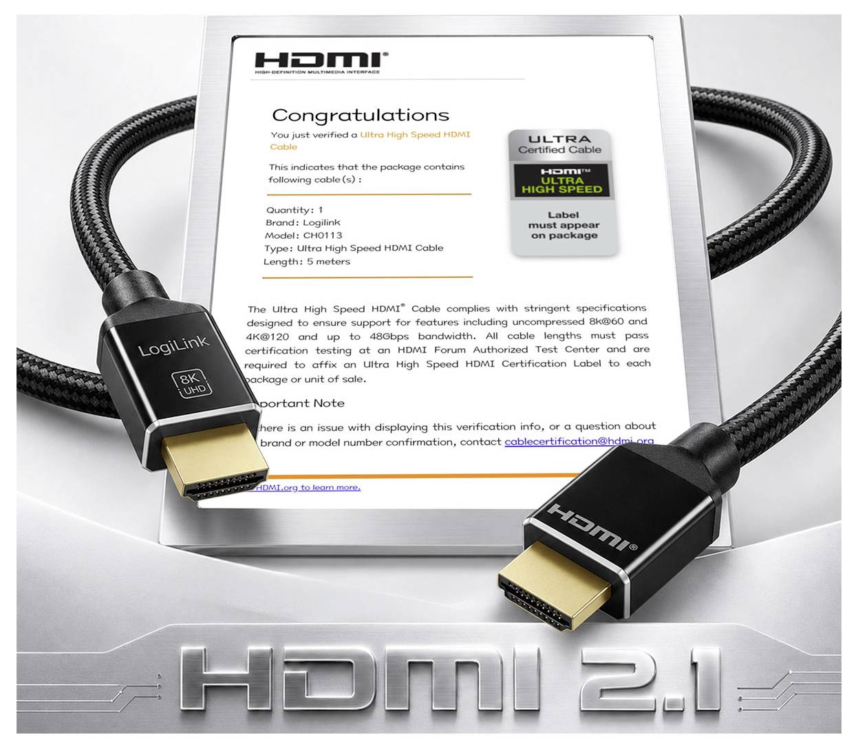 HDMI 2.1 certifikovaný kábel Ultra High Speed HDMI s balením a certifikačnou kartou, označený "Gratulujeme" a "Ultra certifikovaný kábel".