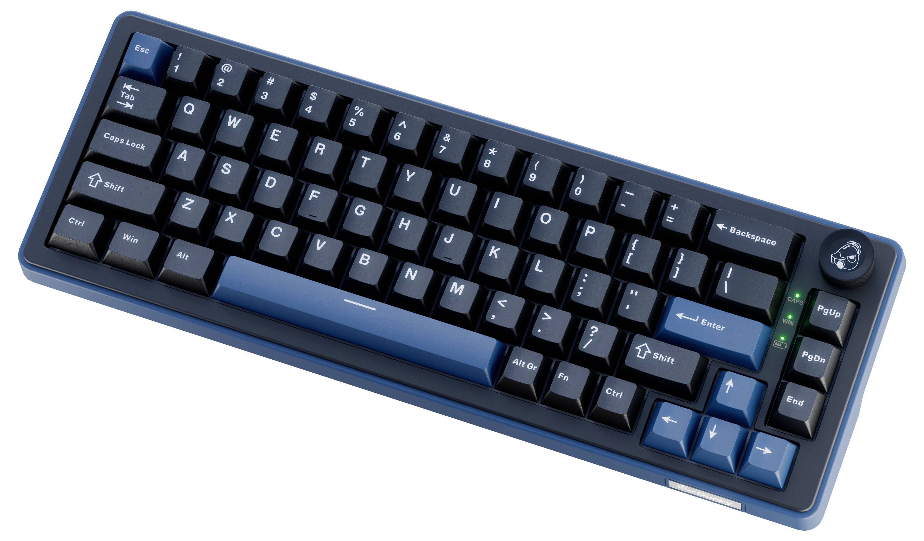 Kompaktná čierna mechanická klávesnica s modrými akcentmi a RGB bočným osvetlením, zobrazená v uhle na bielom pozadí.