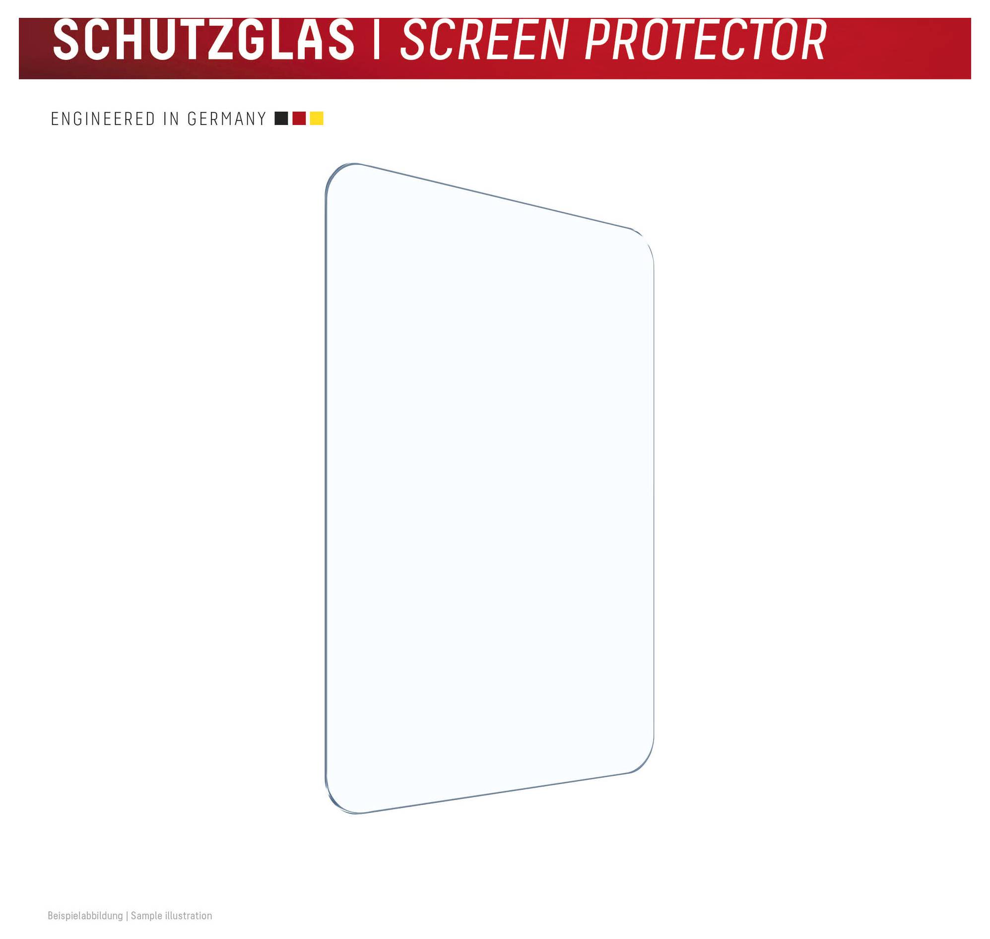 Ilustrácia číreho ochranného sklíčka na displej s textom „SCHUTZGLAS | SCREEN PROTECTOR" a „ENGINEERED IN GERMANY".