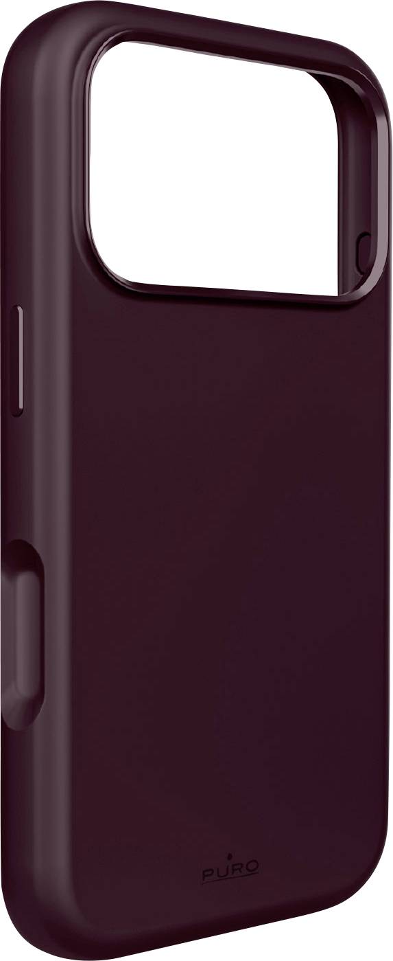 Obal na smartphone v burgundskej farbe zobrazený v zadnom trojštvrťovom pohľade s veľkým obdĺžnikovým otvorom na fotoaparát a otvormi pre bočné tlačidlá.