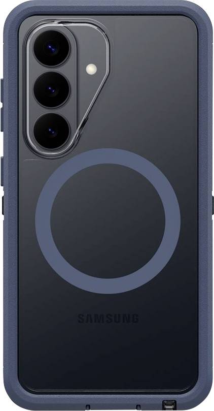 Smartphone Samsung v odolnom modrom ochrannom obale, ktorý zobrazuje zad s tromi kamerami na zadu a centrálnym kruhovým magnetickým prstenom.