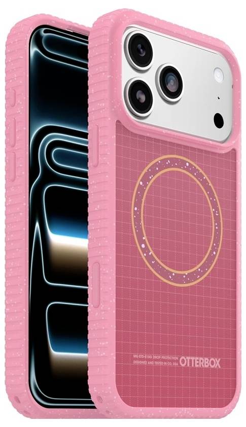 Ružový obal na iPhone od OtterBox so zvýšeným nárazníkom, zobrazený spredu a vzadu na telefóne, s ružovou mriežkou a kruhový dizajnom v štýle MagSafe.