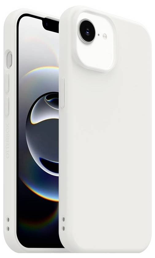 Dva biele smartphony zobrazené spredu a zozadu, pričom je zvýraznený biely ochranný kryt s výrezom na fotoaparát a bočnými tlačidlami.