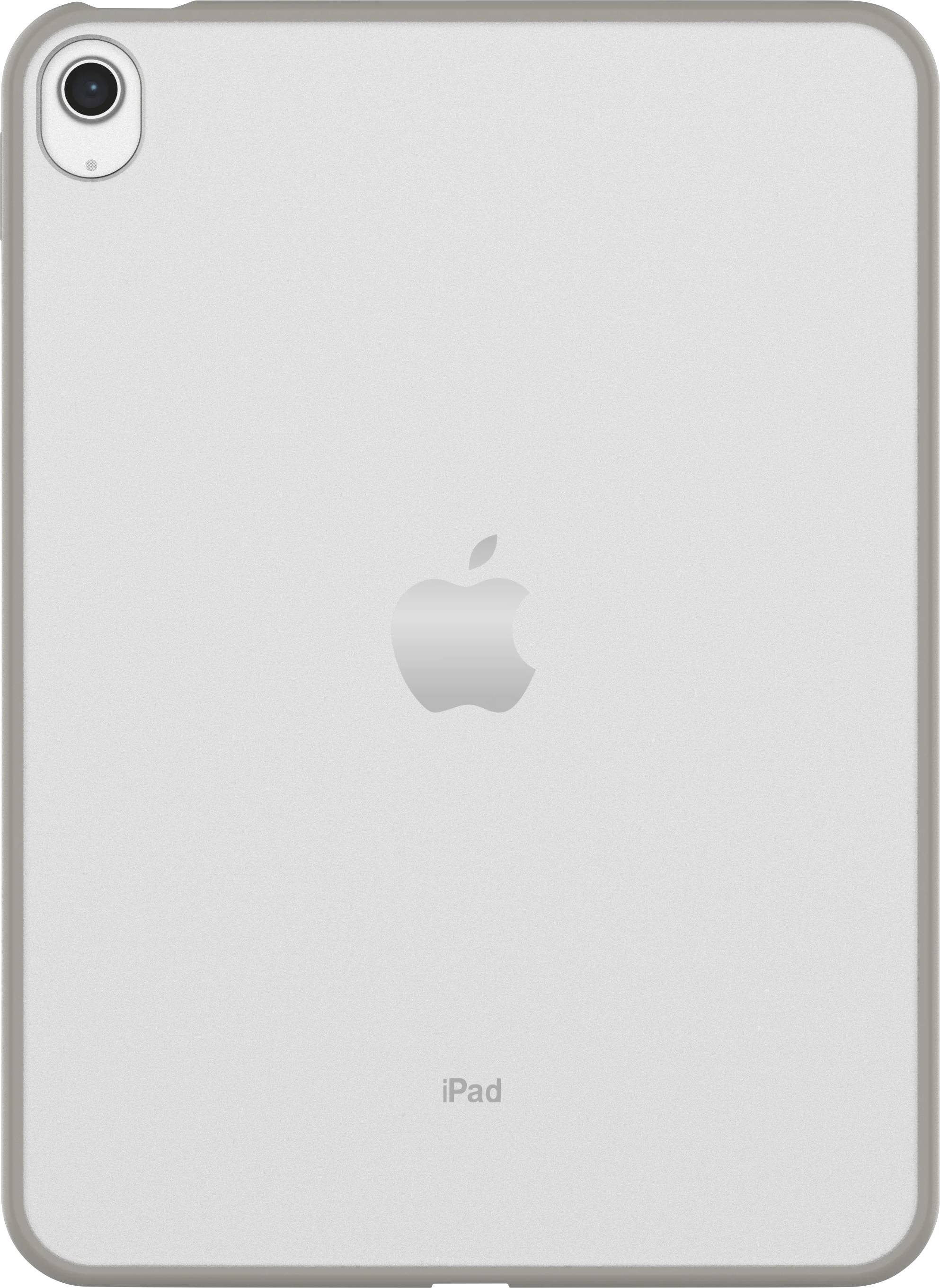 Pohľad zozadu na strieborný Apple iPad s jednou zadnou kamerou a centrovým logom Apple na bielom pozadí.