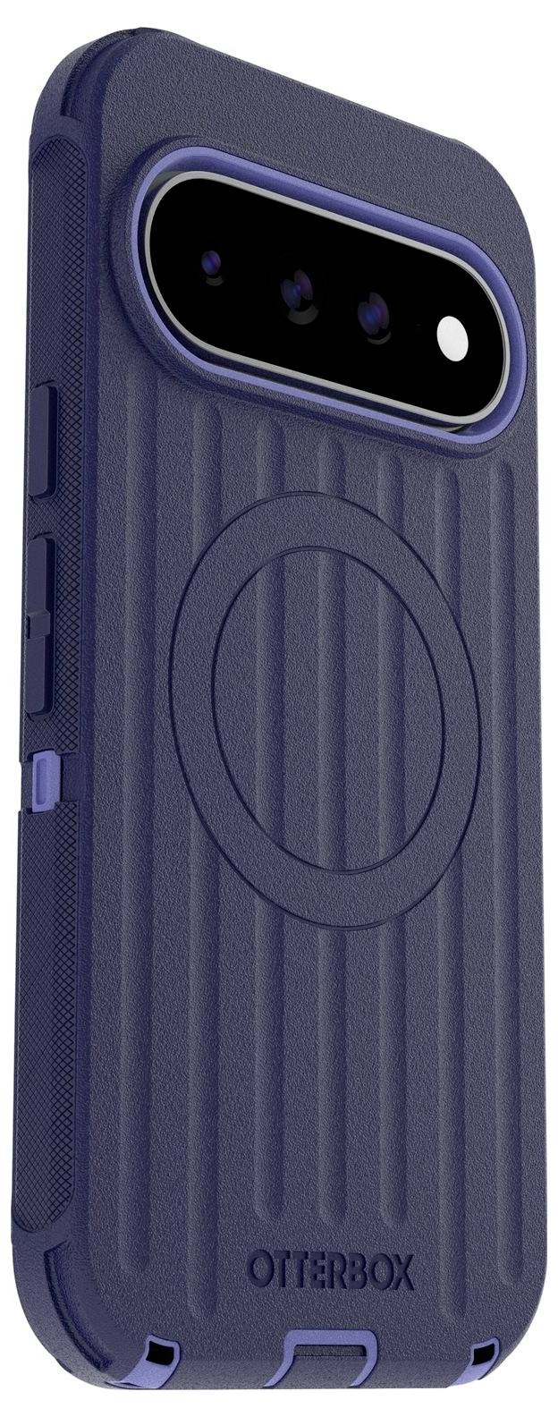 Ochranný kryt na telefón OtterBox v námornícko modrej farbe so zvýšeným výrezom na fotoaparát a kruhovým krúžkom podobným MagSafe na zadnej strane.