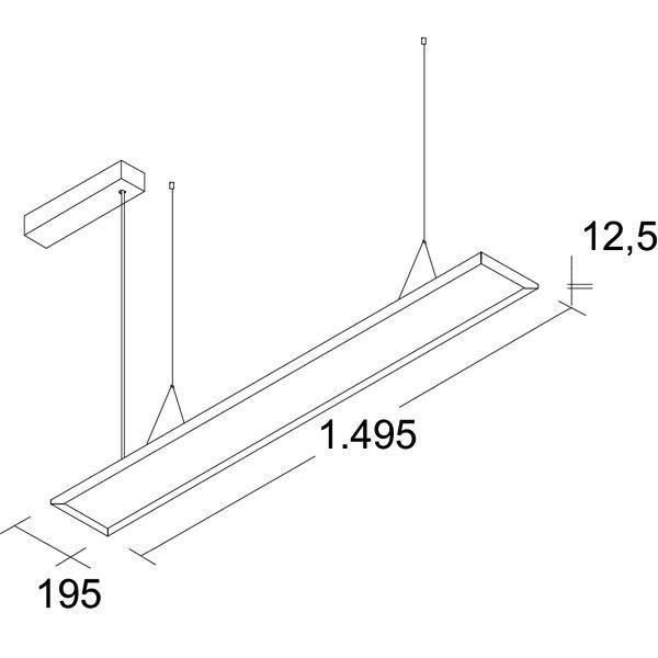 Technický diagram zavesneného obdĺžnikového svetelného telesa zobrazeného v perspektíve s rozmermi označenými 1 495 mm dlhý, 195 mm široký a 12,5 mm hrubý.