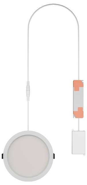Biela závesná lampa s drôteným tienidlom, okrúhlym stropným svetlom a malou závesnou ovládacou skrínkou na pravej strane.
