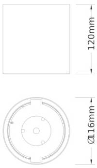Technický výkres kruhového komponentu: pohľad zhora so štvorcovými rozmermi 120 mm a čelný pohľad s priemerom 116 mm s rozmerovými šípkami.