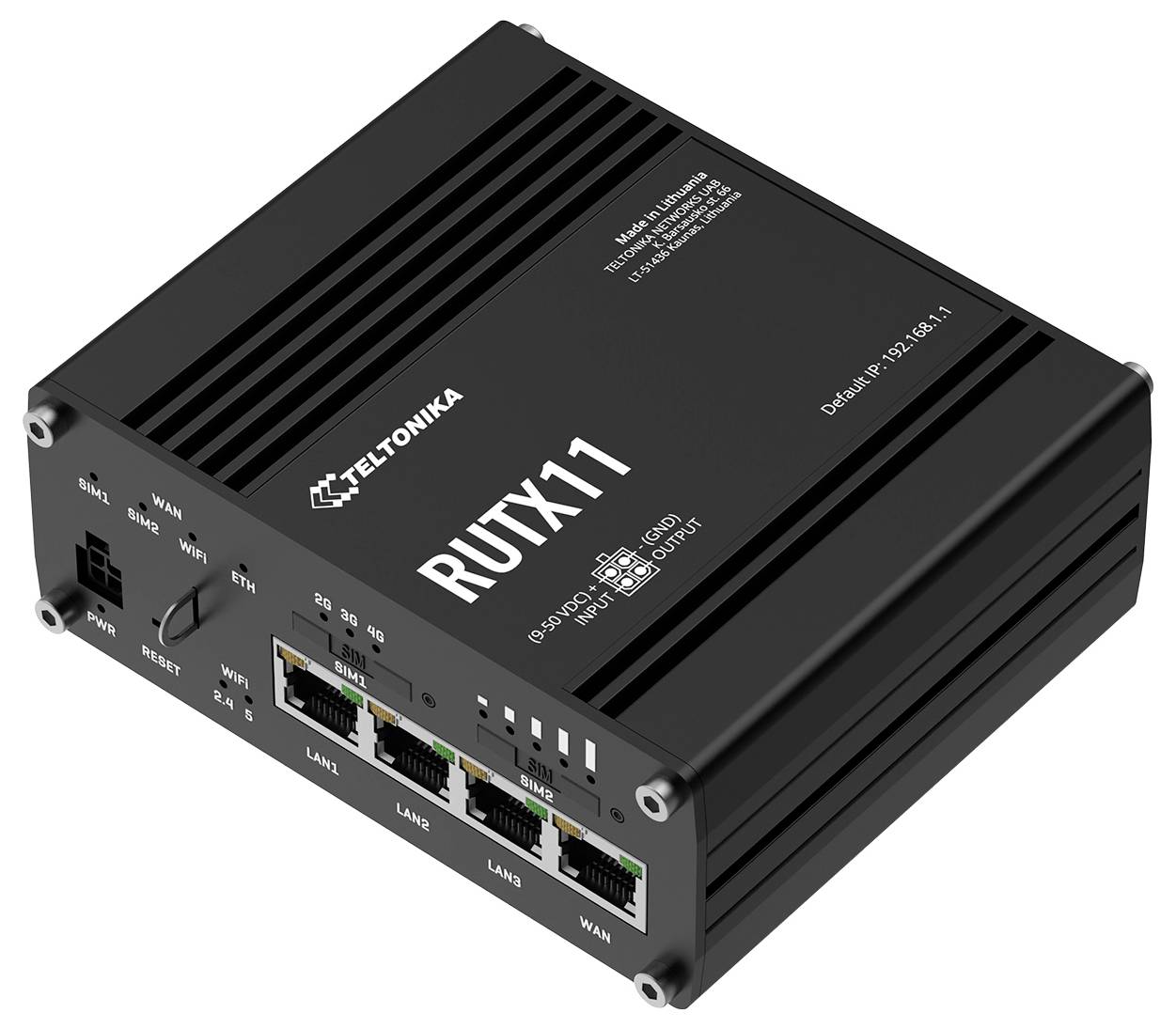Čierny priemyselný smerovač Teltonika RUTX11 s viacerými portami Ethernet, Wi-Fi a pripojeniami napájania/resetovania, zobrazený v štýle produktu z uhla pohľadu.