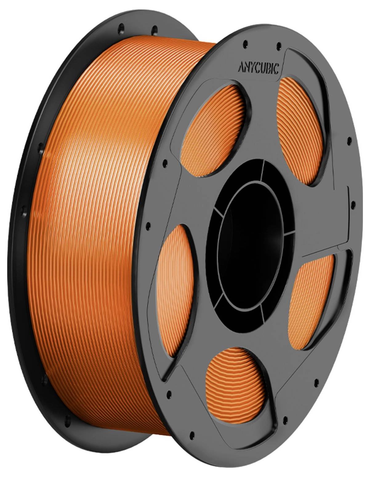 Cievka oranžového 3D tlačiareňského filamentu na čiernej cievke, označená Anycubic.