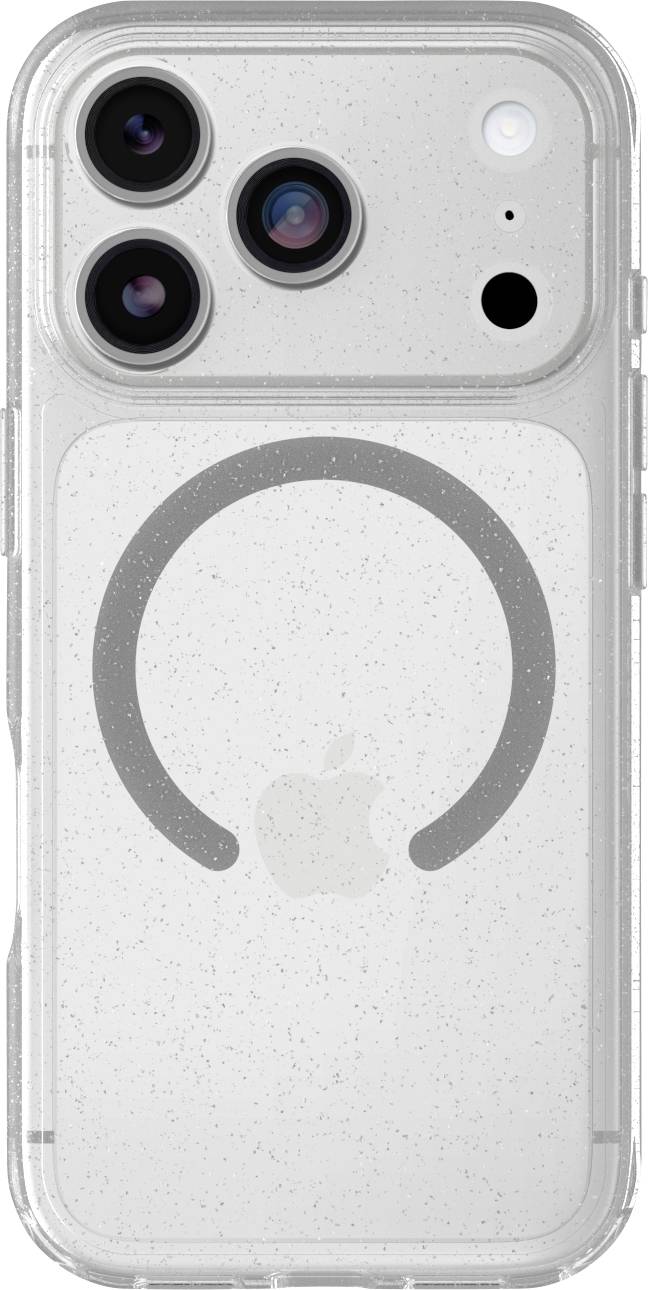 Zadná časť priehľadného puzdra na iPhone zobrazujúca trojitý zhluk kamier a krúžok MagSafe vycentrovaný na loga Apple.
