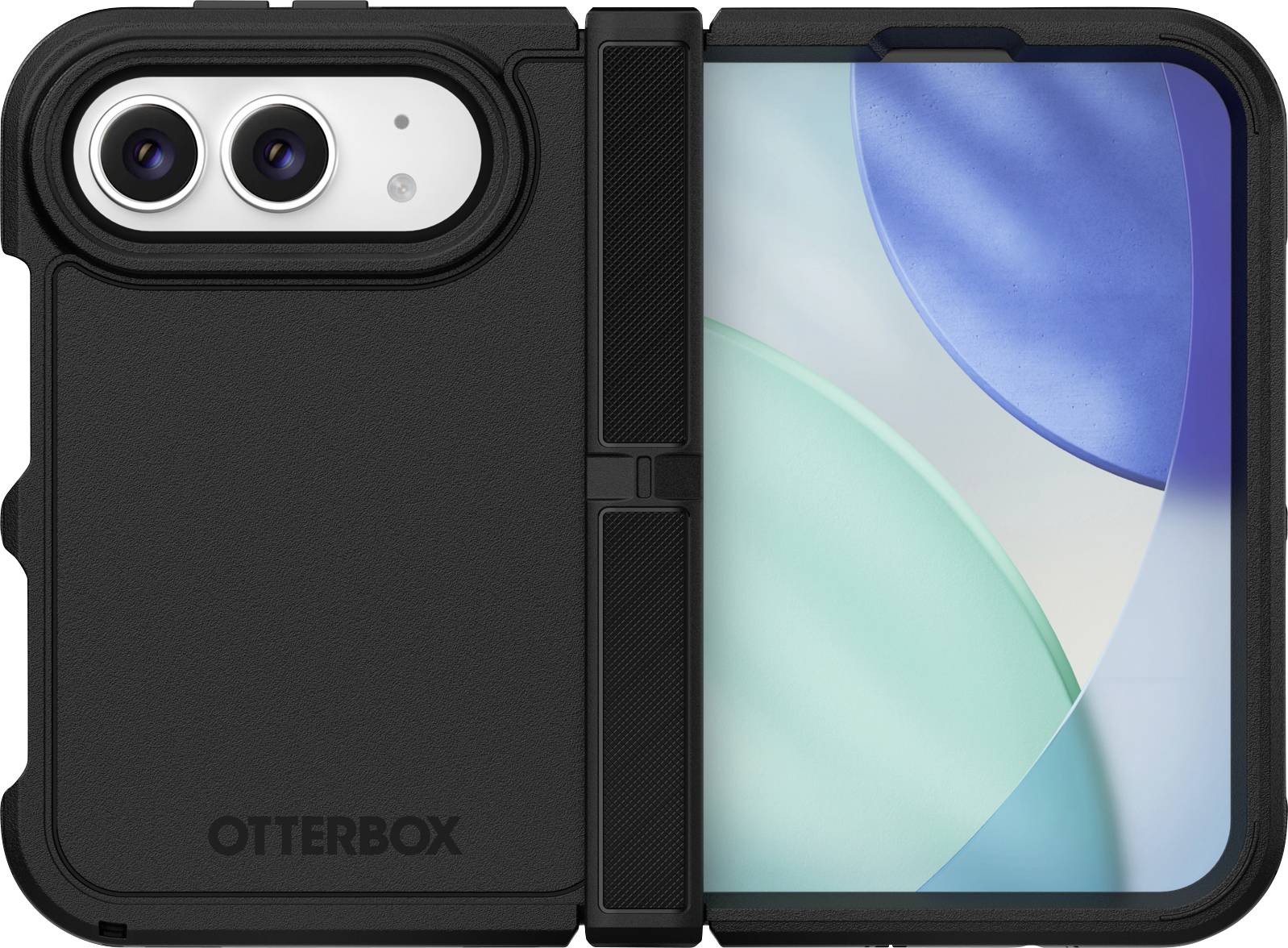 Čierny skladací obal na telefón OtterBox s viditeľnými duálnymi zadnými kamerami a otvorená obrazovka telefónu zobrazujúca modrozelenú abstraktnú tapetu.