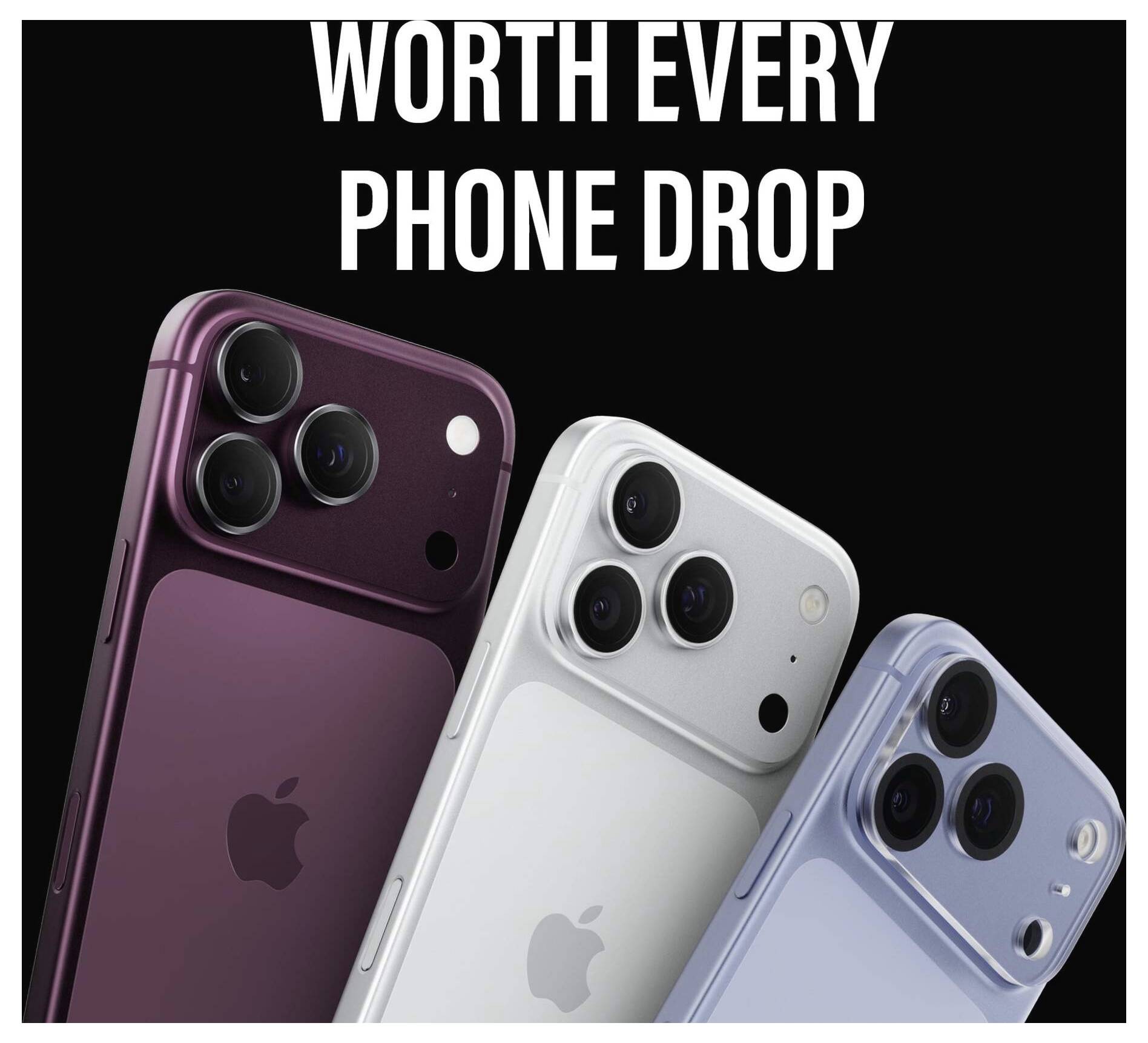 Propagačný obrázok troch iPhonov v purpurovej, striebornej a modrej farbe so sloganom „STOJÍ ZA KAŽDÝ PÁD TELEFÓNU" na čiernom pozadí.