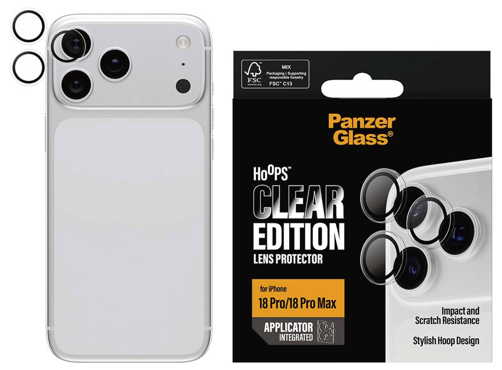iPhone s ochranným sklom na objektív fotoaparátu zobrazený vedľa balenia PanzerGlass HoOps Clear Edition s označením "pre iPhone 18 Pro/18 Pro Max" a integrovaným aplikátorom