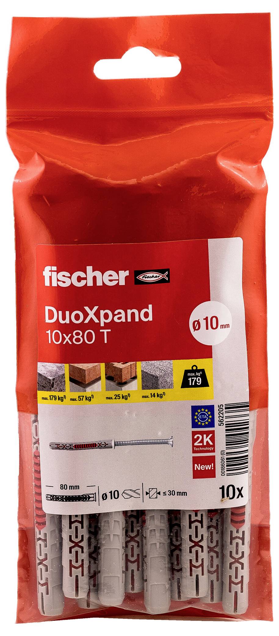 Balíček nástennej zástrčky Red Fischer DuoXpand 10x80 T, s 10 šedými kotvami so skrutkou, označený „2K New" a „10x".