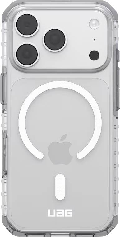 Priehľadné puzdro pre iPhone UAG s magnetickým prstenom MagSafe a zväčšeným výrezom pre fotoaparát, zobrazené na bielom pozadí.