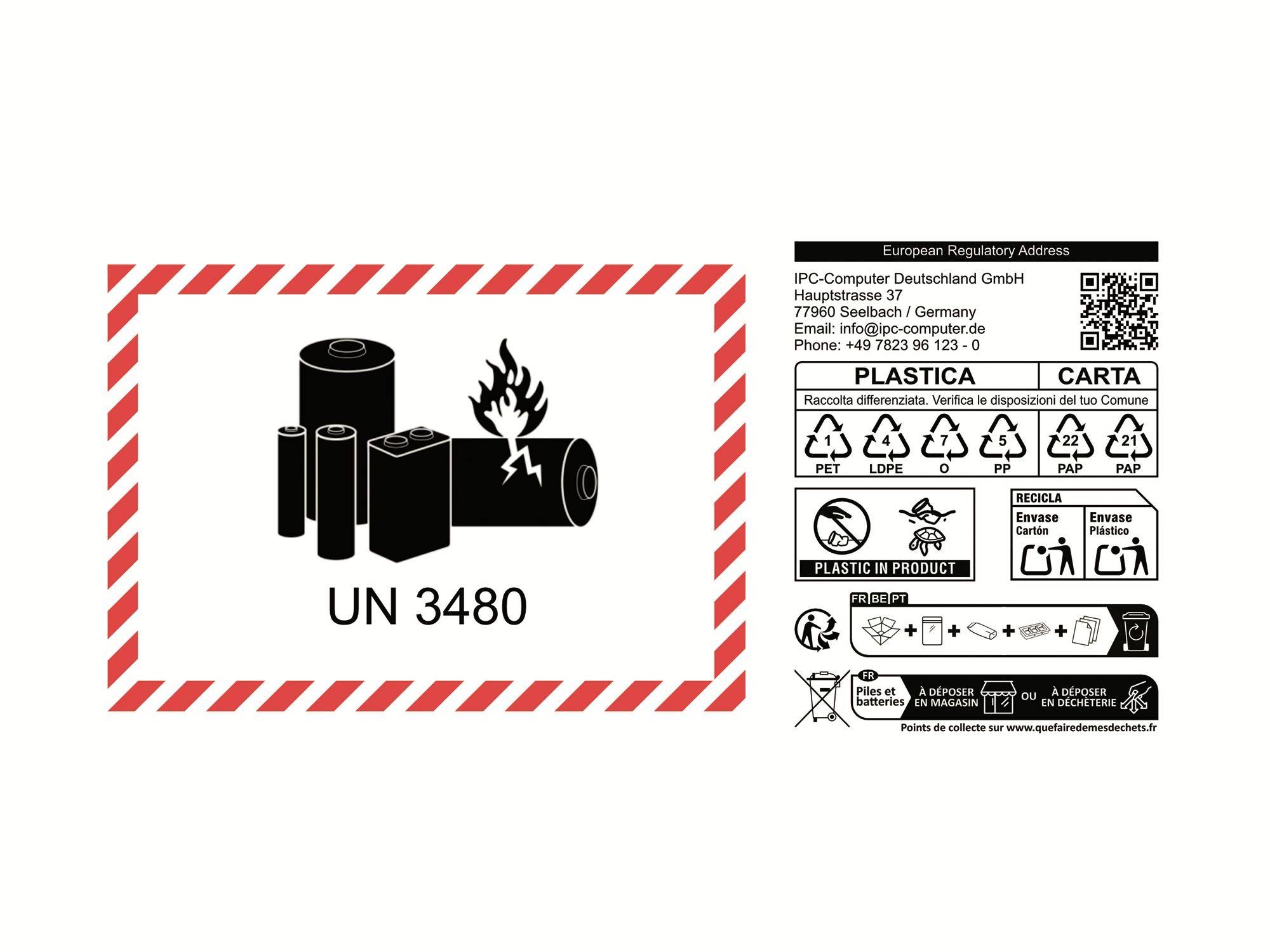 Bezpečnostný štítok s lítiovými batériami s UN 3480 a ikonou požiaru; pokyny na recykláciu a likvidáciu vo francúzštine na pravej strane.