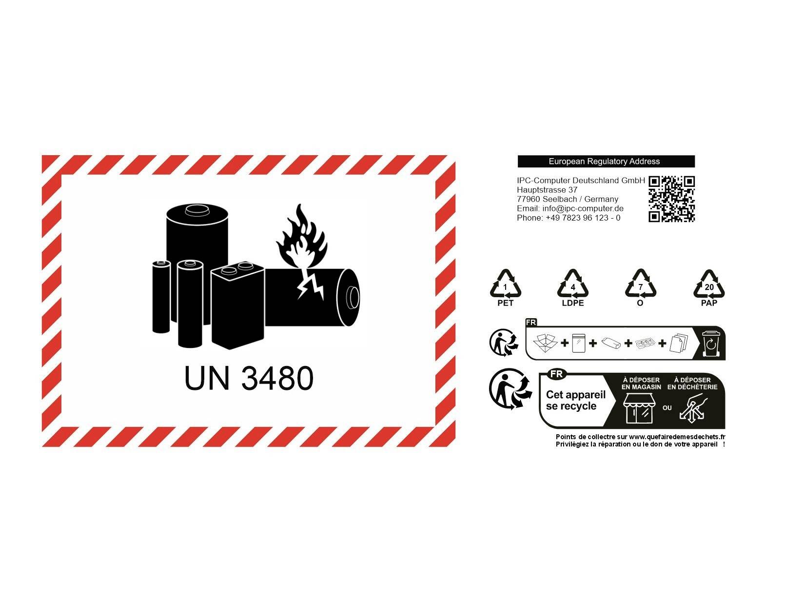 # Značka nebezpečnosti pre UN 3480 lítiové batérie, zobrazujúca symbol požiaru batérie a pokyny na recykláciu/likvidáciu s kódmi materiálov a QR kódom.