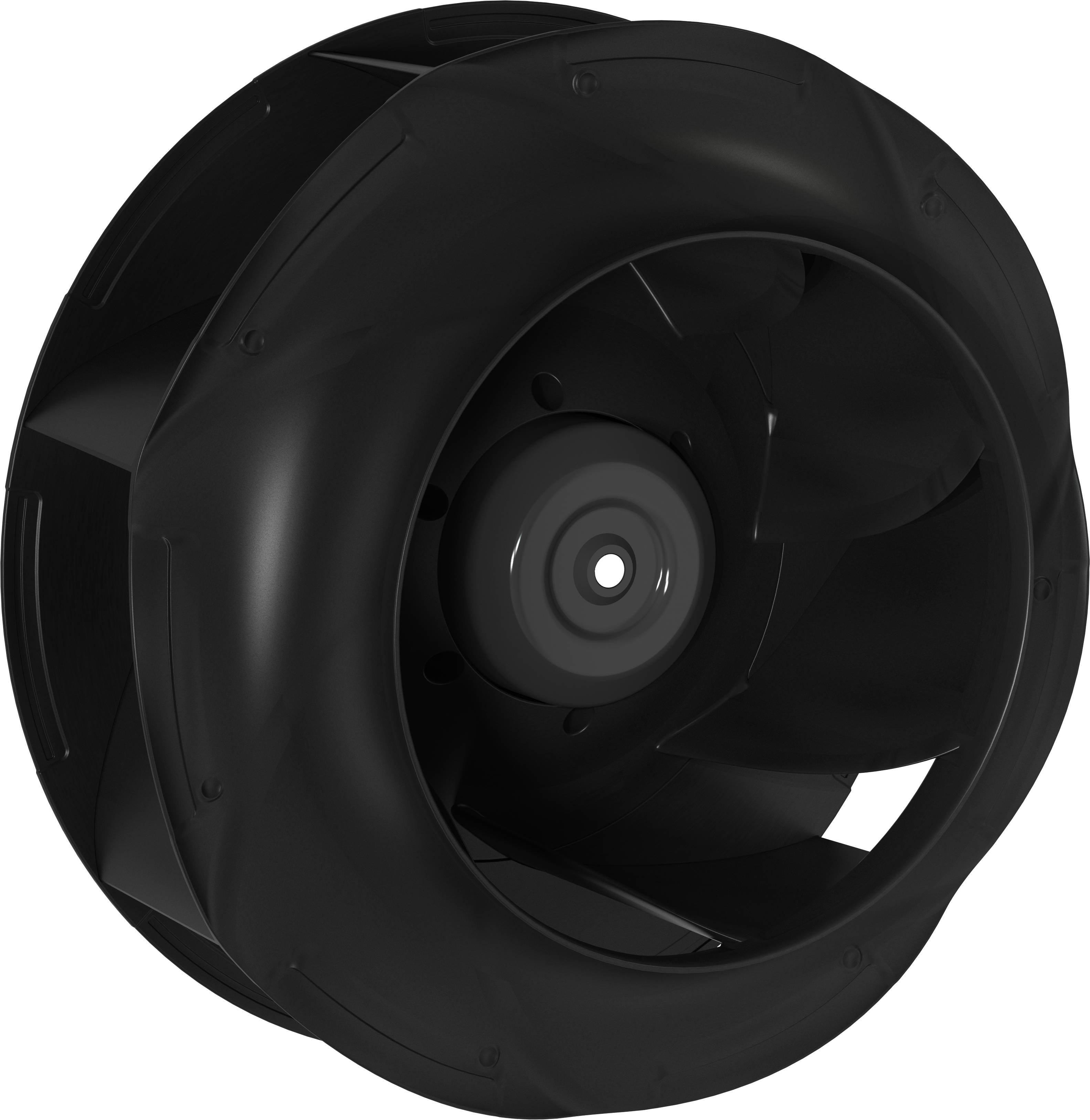 Čierny odstredivý ventilátor alebo obežné koleso dmychadla videné spredu, s centrálnym jadrom a zakrivenými lopatkami v kruhovom puzdre.