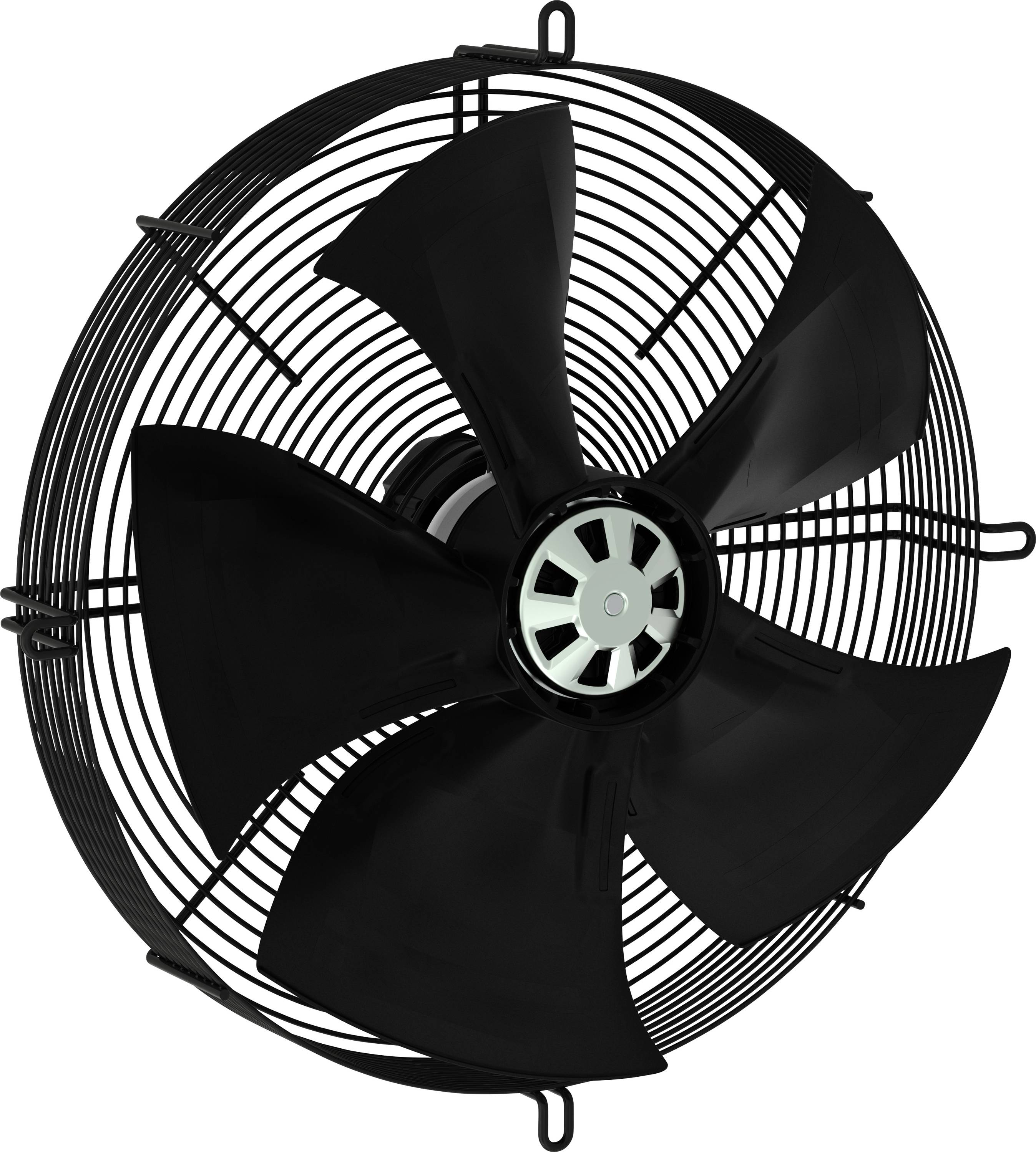 Čierny priemyselný ventilátor s piatimi lopatkami vo vnútri kruhového drôteného ochranného štítu, zobrazený v pohľade spredu na bielom pozadí.