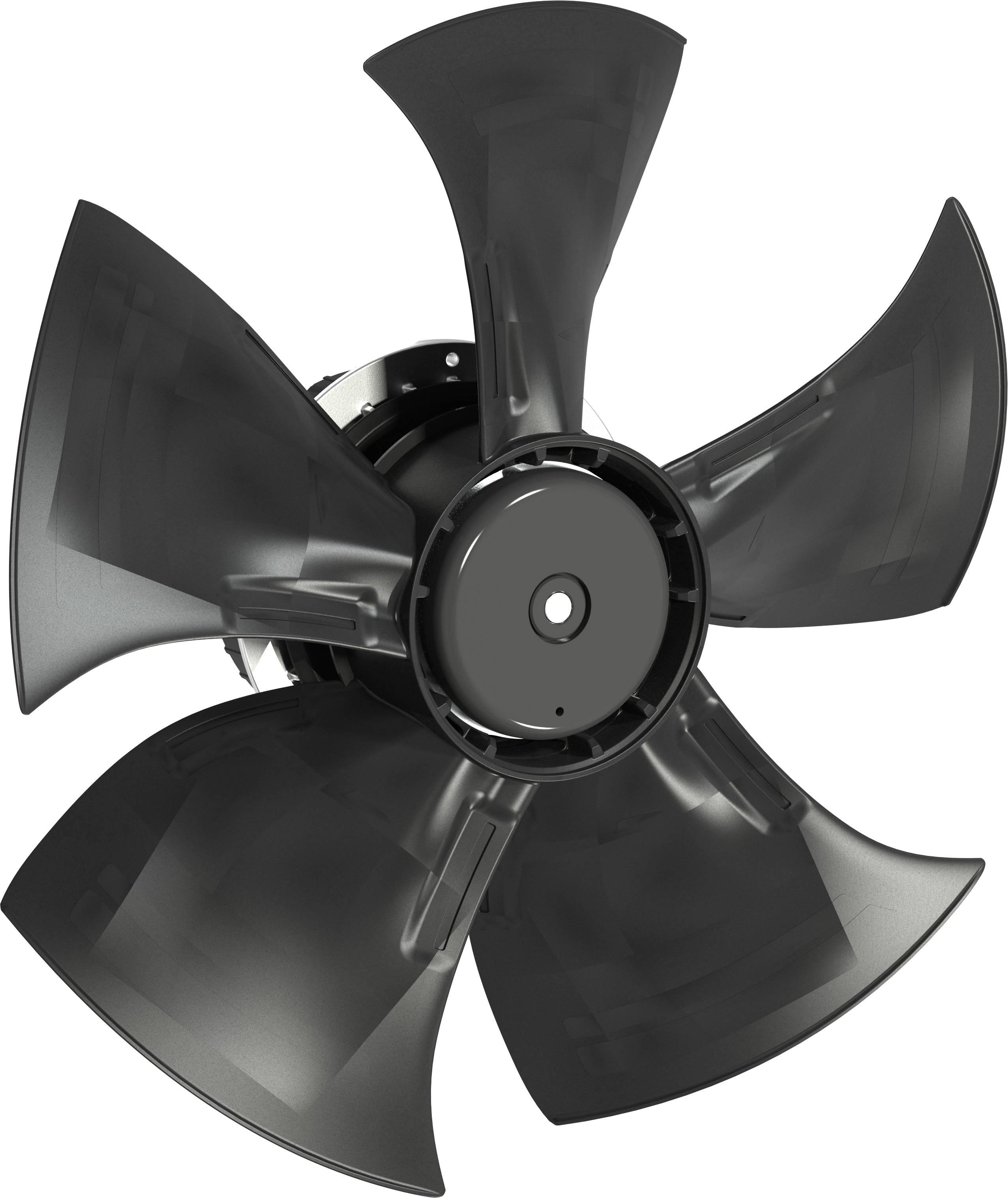 Čierny päťlopatkový priemyselný ventilátor alebo vrtuľa izolovaná na bielom pozadí.