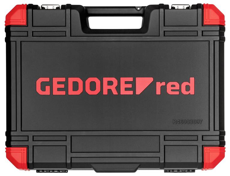 Čierne puzdro na náradie z tvrdej plastiky s červenými rohmi a rukoväťou, označené „GEDORE red" na prednej strane.