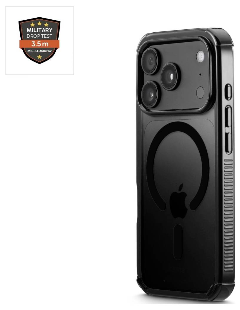 Čierny kryt na iPhone s vstavanými MagSafe krúžkom a zvýšenou ochranou trojitého fotoaparátu, zobrazený s odinčom "Military Drop Test 3,5 m".