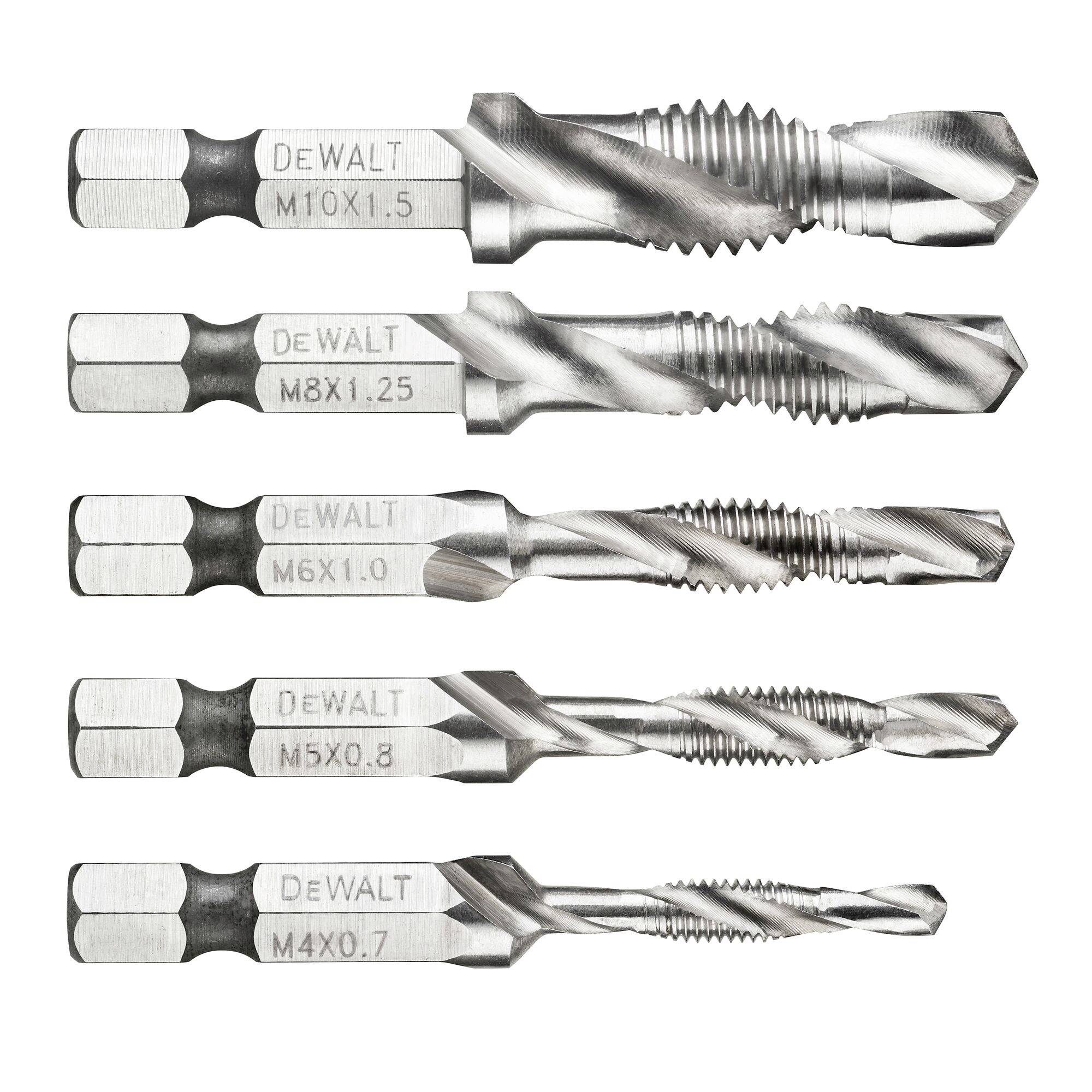 Päť DEWALT špirálových vrátnikov na závity usporiadaných vertikálne, označené M10x1.5, M8x1.25, M6x1.0, M5x0.8 a M4x0.7.