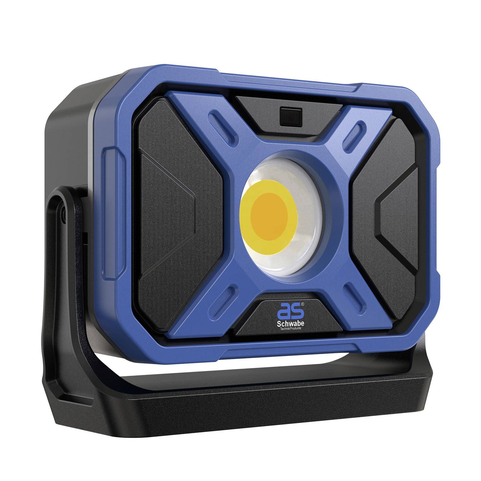 Prenosné LED pracovné svetlo modro-čierne na čiernom stojane s centrálnym žltým svetlom a logom "as Schwabe".