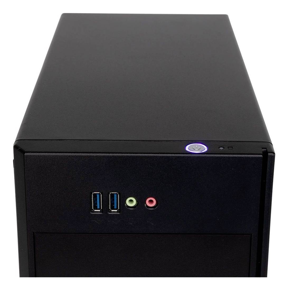 Predný pohľad na čiernu skrinku stolného počítača s tlačidlom napájania, dvoma portmi USB a zelenými a ružovými audio jackami na prednom paneli.