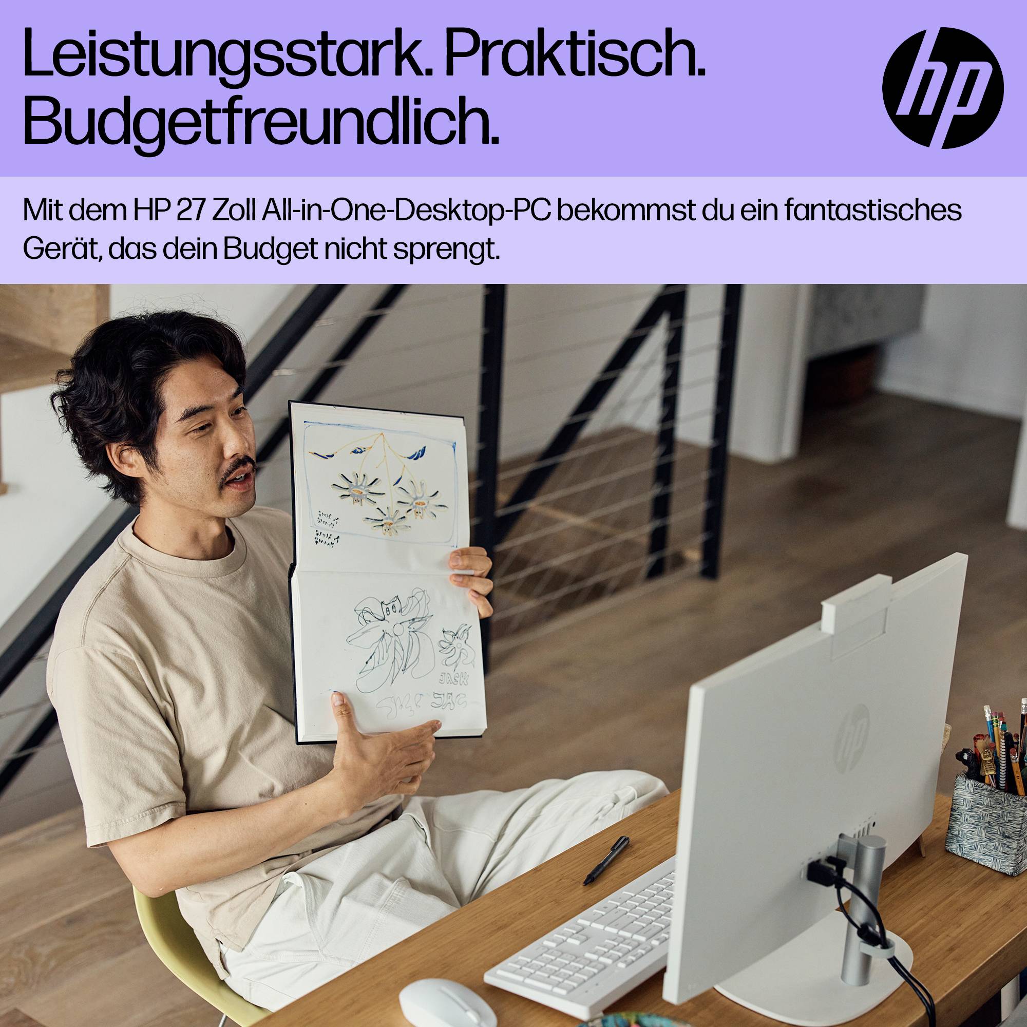 HP reklama zobrazuje muža, ktorý kreslí na all-in-one desktope; nadpis hovorí „Výkonný. Praktický. Prívlastivo rozpočet-friendly." a spomína HP 27-palcový all-in-one desktop PC.
