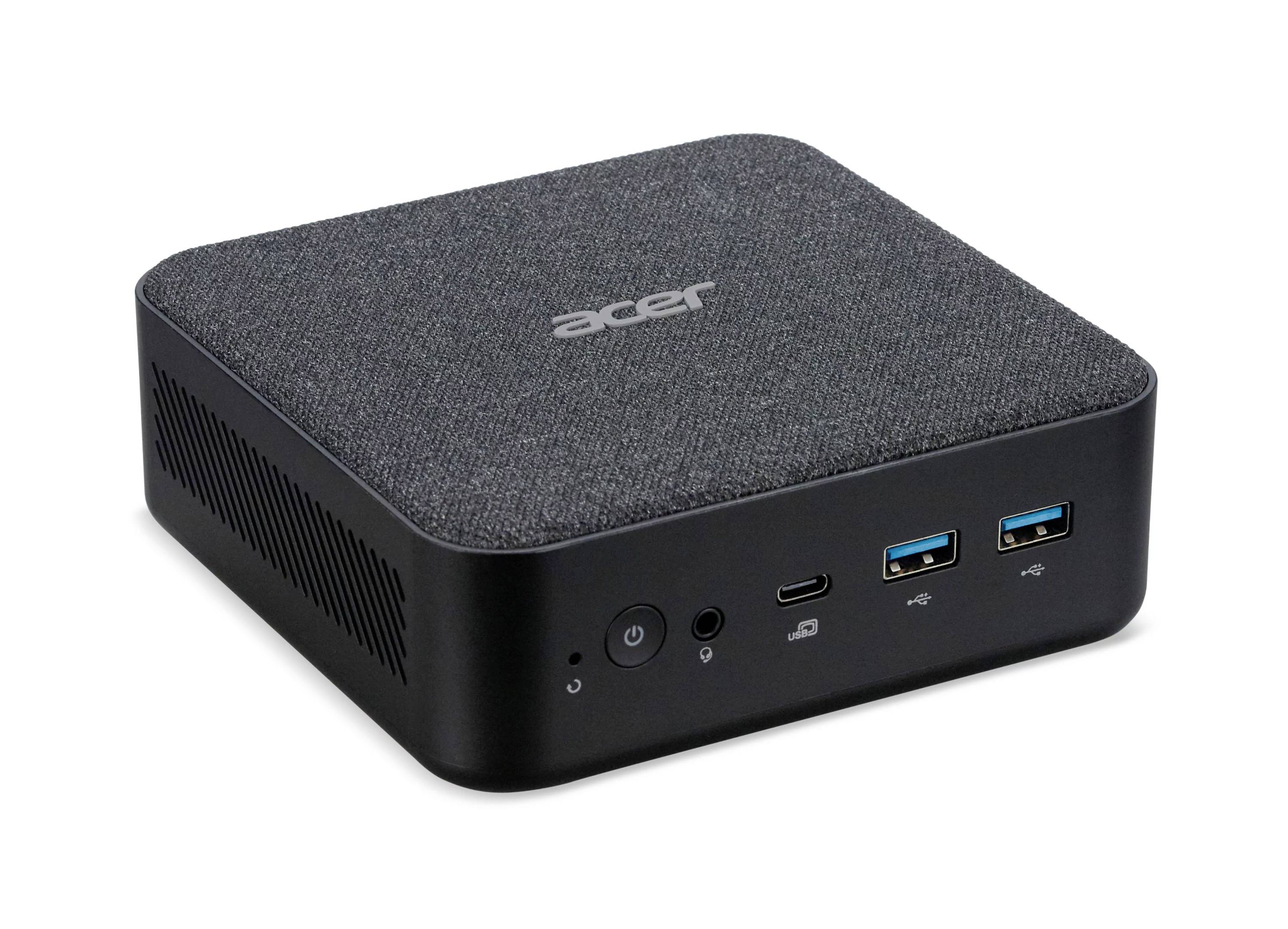 Acer mini stolný počítač zobrazený na bielom pozadí s predným tlačidlom napájania, audio jacksom, USB-C portom a dvoma USB-A portmi.