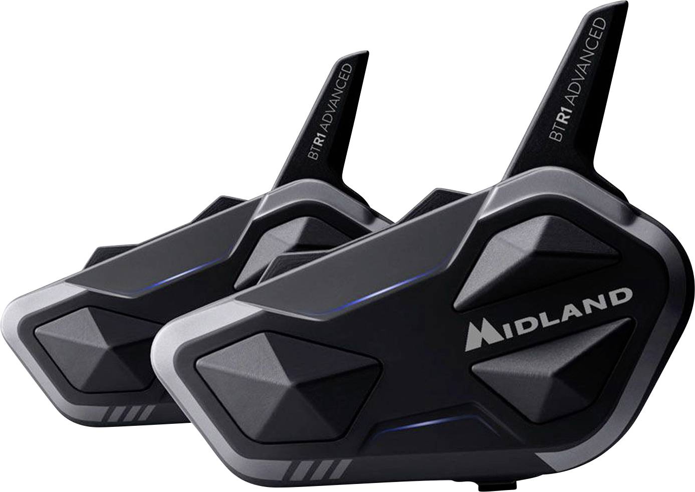 Pár čiernych jednotiek Midland BT R1 Advanced motocyklového interkomu s anténami, zobrazený na bielom pozadí.
