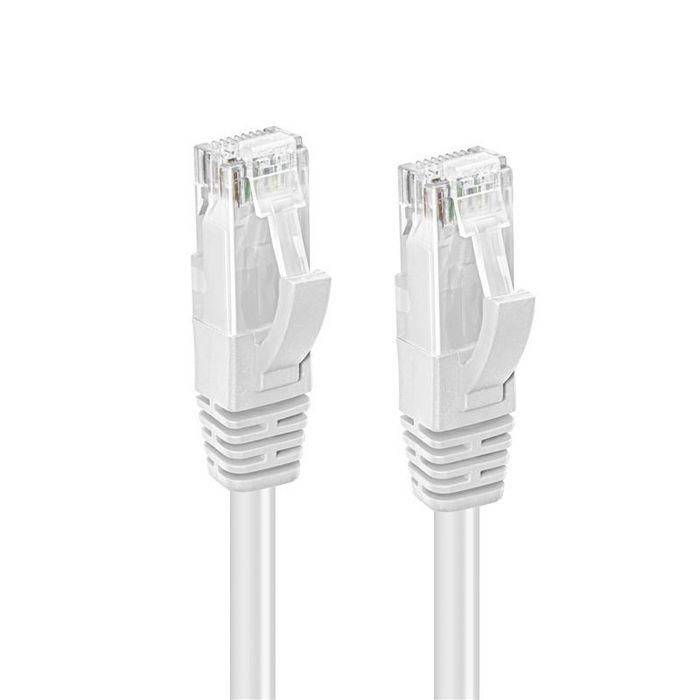 Dva biele konektory Ethernet káblov zobrazené vedľa seba na jednoduchom pozadí.