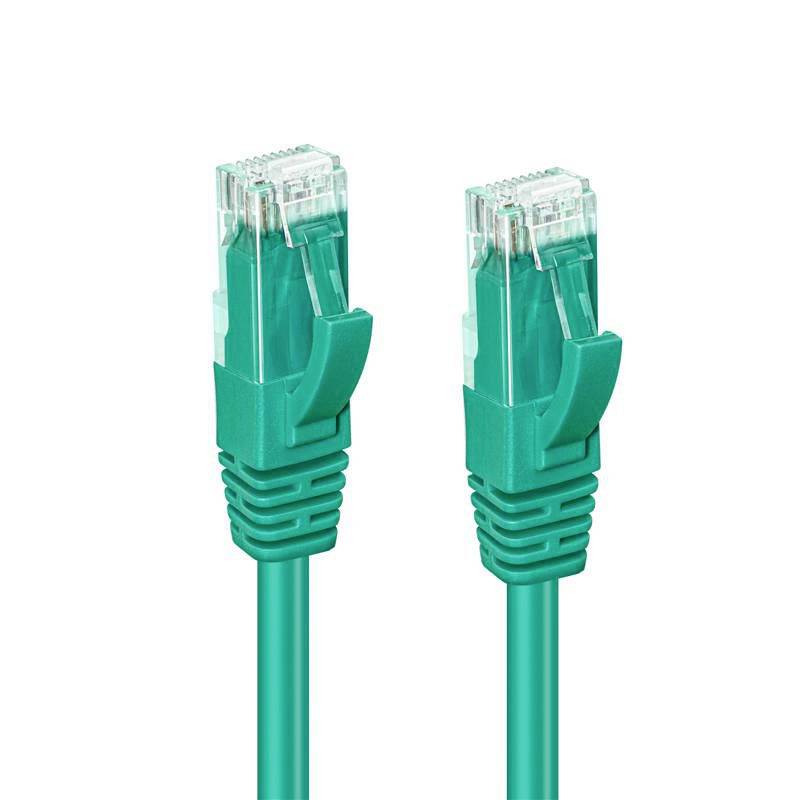 Dva zelené konektory sieťového kábla Ethernet s priehľadnými koncovkami RJ45 na bielom pozadí.
