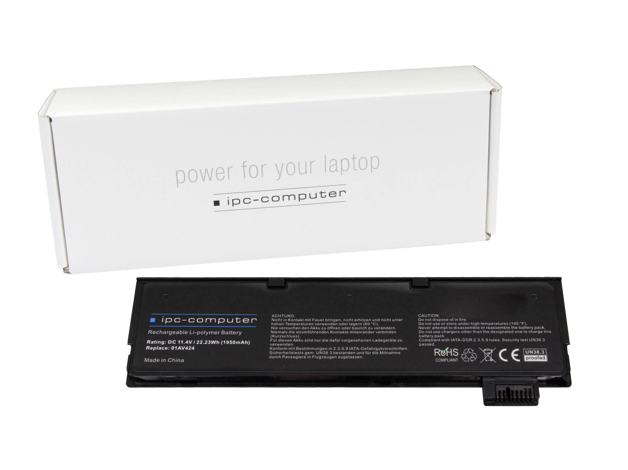 Batériový balík do notebooku zobrazený s jeho bielou maloobchodnou krabicou označenou "power for your laptop" a "ipc-computer".