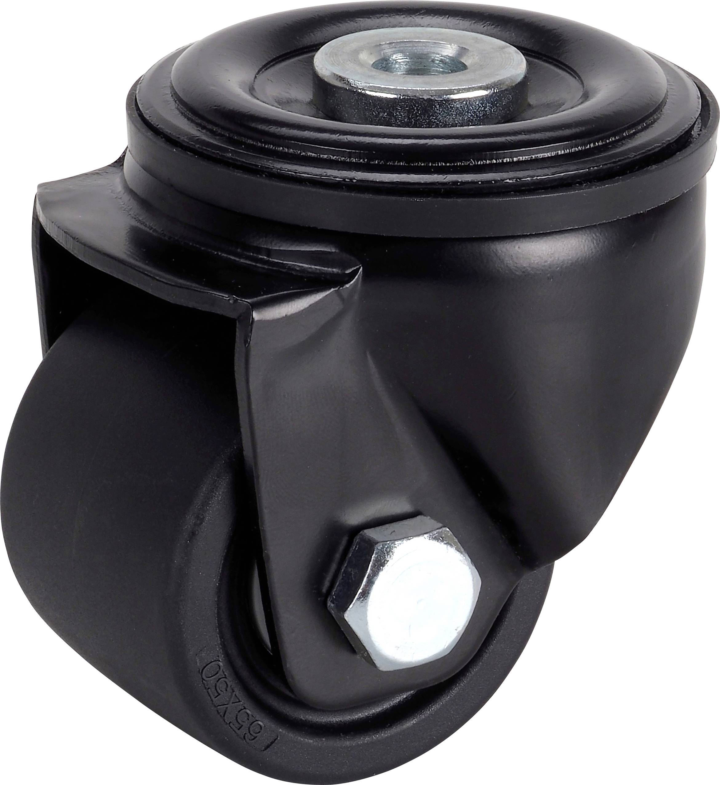 Čierne otočné kolesó so základňou so kovovým upevňovacím plechom a centrálnym skrutkovým spojom, zobrazené na bielom pozadí.