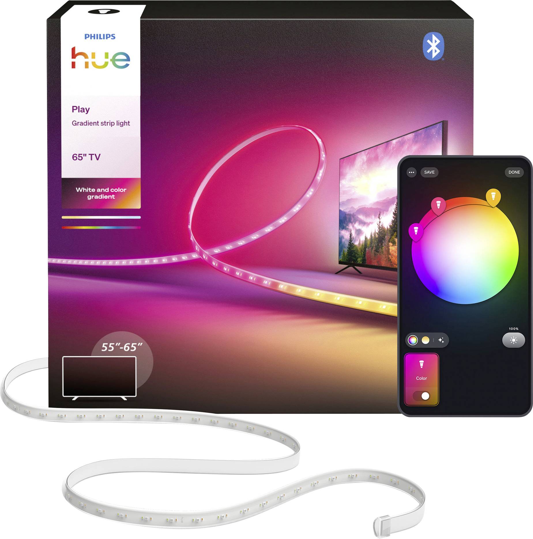 Philips Hue Play gradientný pásový reflektor pre televízory s uhlopriečkou 55-65 palcov, zobrazený s LED pásom, efektom TV záre a aplikáciou na ovládanie farieb v telefóne.