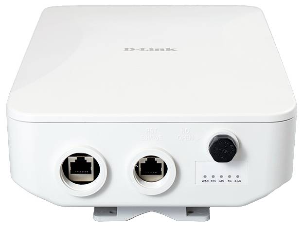 Biely bezdrôtový prístupový bod/router D-Link s dvoma portami Ethernet, zásuvkou napájania a stavovými indikátormi na prednej strane.