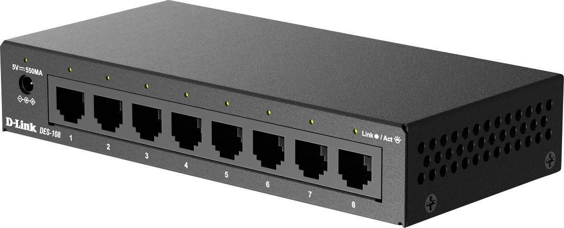 Čierna sieťová prepínač D-Link s 8 očíslovanými portami RJ45 a stavovými indikátorov na prednom paneli.