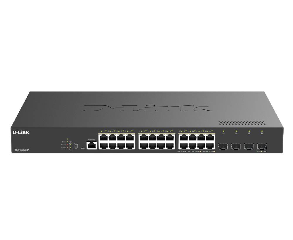Pohľad zpredu pásu D-Link rackmount sieťového prepínača s viacerými portami Ethernet, stavovými indikátormi a SFP portami uplink na prednom paneli.