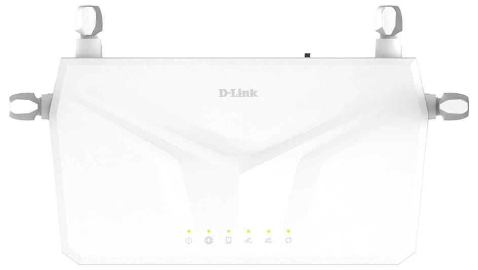 Biely sieťový prístroj alebo маршрутizátor D-Link zobrazený čelne so šiestimi malými stavovými LED diódami svietiaci blízko spodu a montážnymi konzolami na oboch stranách.