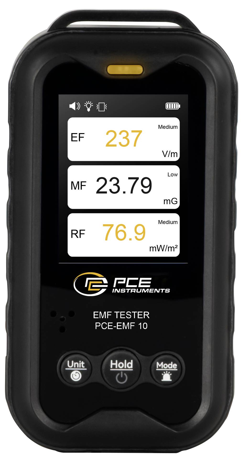 Ručný testér EMF s nasledujúcimi odčitmi: EF 237 V/m, MF 23,79 mG a RF 76,9 mW/m².