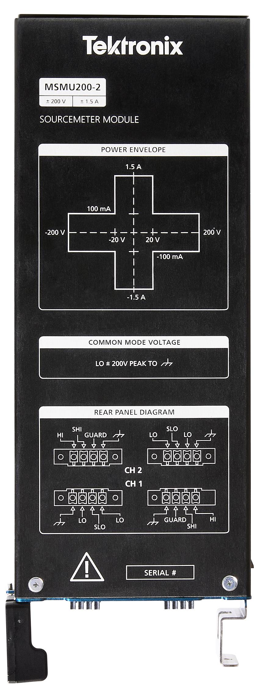 Modul merača zdroja Tektronix MSMU200-2 s diagramami obálky výkonu a spoločného režimu napätia na prednom paneli, plus schéma pripojenia na zadnom paneli.