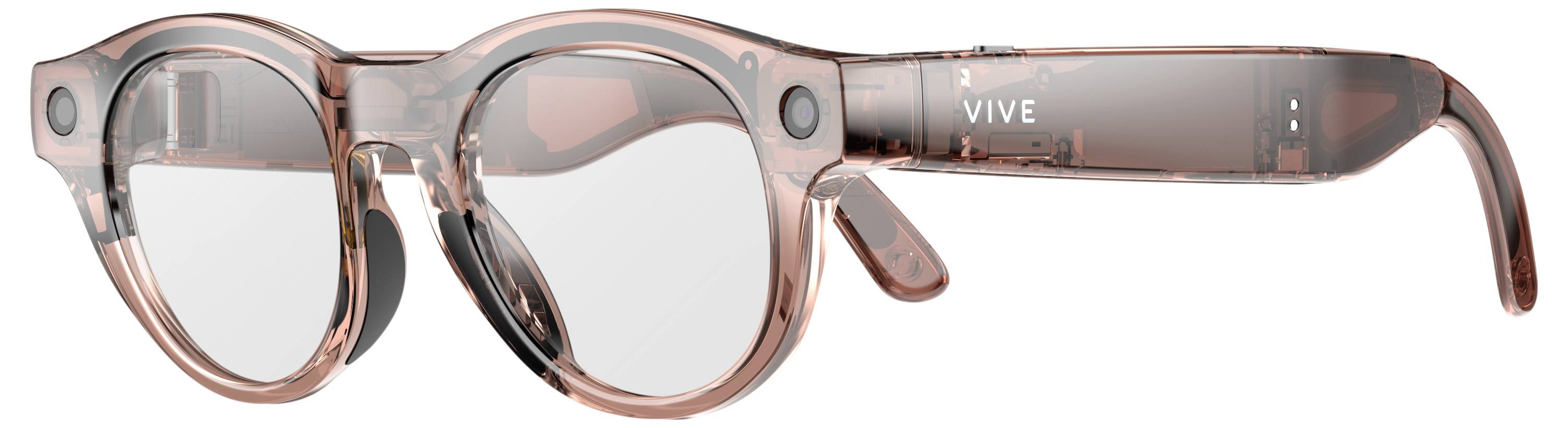 Priehľadné ružové okrúhle okuliare s čirými sklami a nápisom „VIVE" na chrámovej časti.