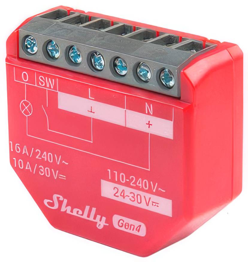Červený modul inteligentného relé Shelly Genn so skrutkovacími svorkami a vytlačeným schématom zapojenia pre pripojenia 110-240V a 24-30V.