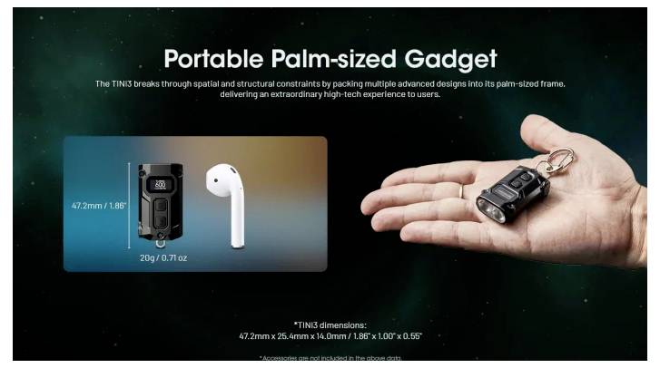 Reklamný obrázok s názvom "Prenosné vreckové zariadenie" znázorňujúci malé čierne zariadenie na kľúčenku v ruke s vloženým porovnaním jeho veľkosti 47,2 mm s bezdrôtovými slúchadlami a uvedením jeho rozmerov a hmotnosti 20 g.
